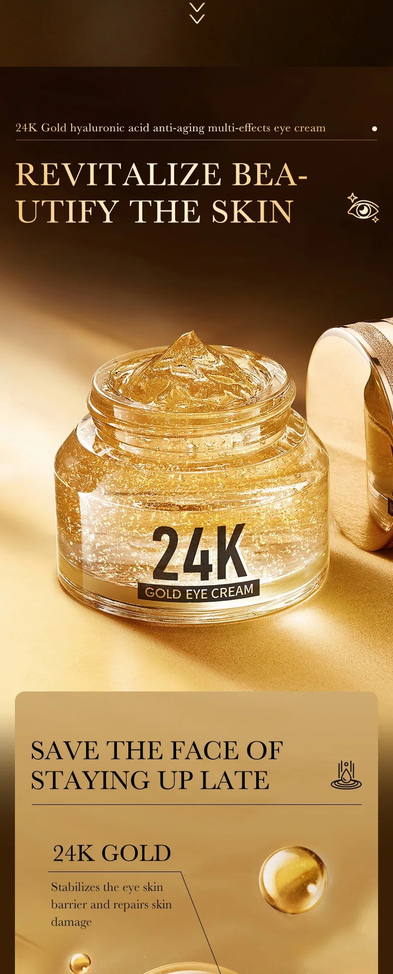 24k Gold Hyaluronic Acid Eye Cream Anti Dark Circles Eye Bags Firming Moisturizing Eyes