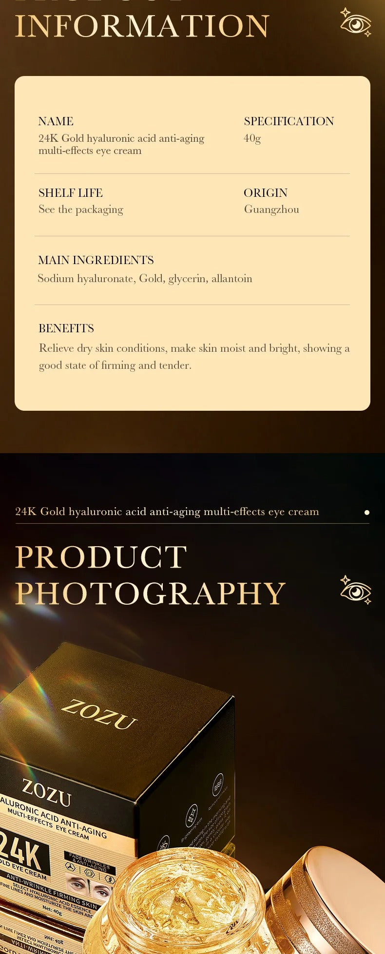 24k Gold Hyaluronic Acid Eye Cream Anti Dark Circles Eye Bags Firming Moisturizing Eyes