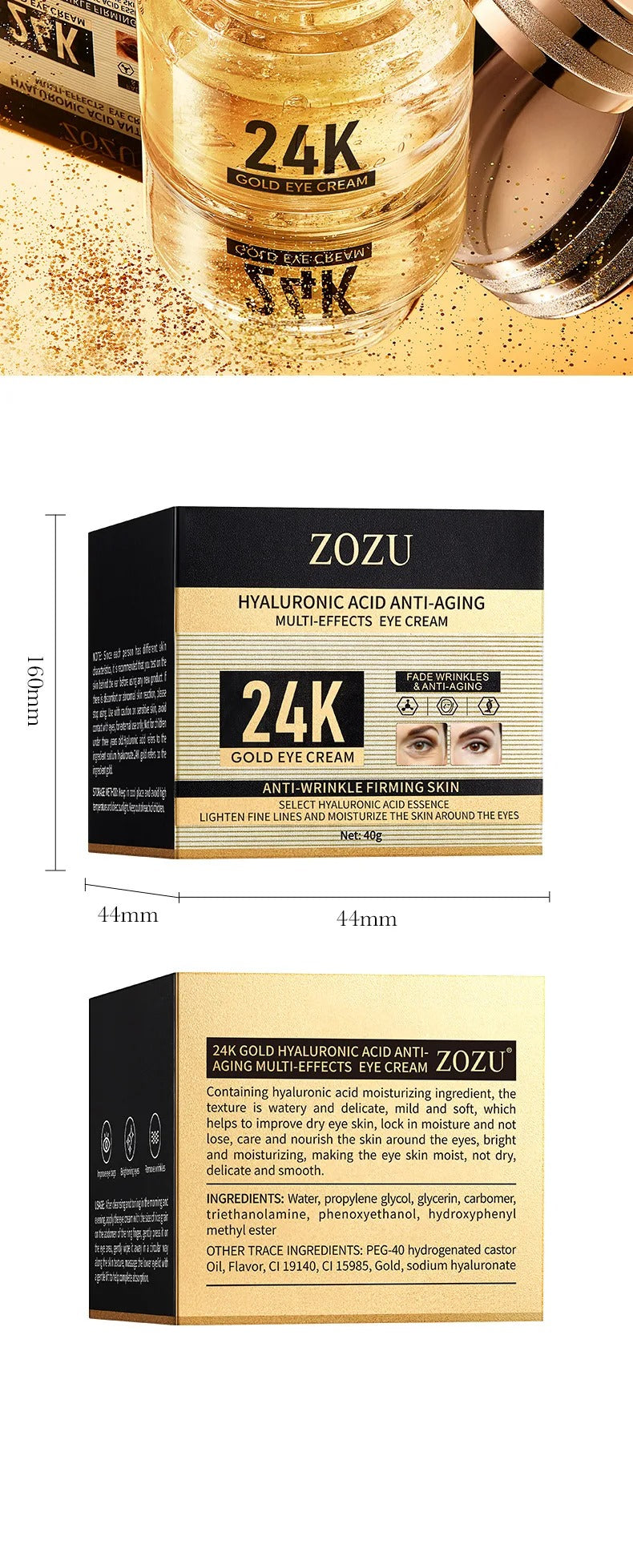 24k Gold Hyaluronic Acid Eye Cream Anti Dark Circles Eye Bags Firming Moisturizing Eyes