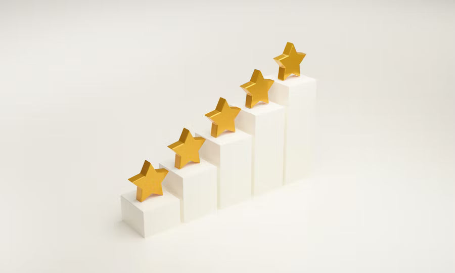 Five gold stars on white blocks against a light gray background